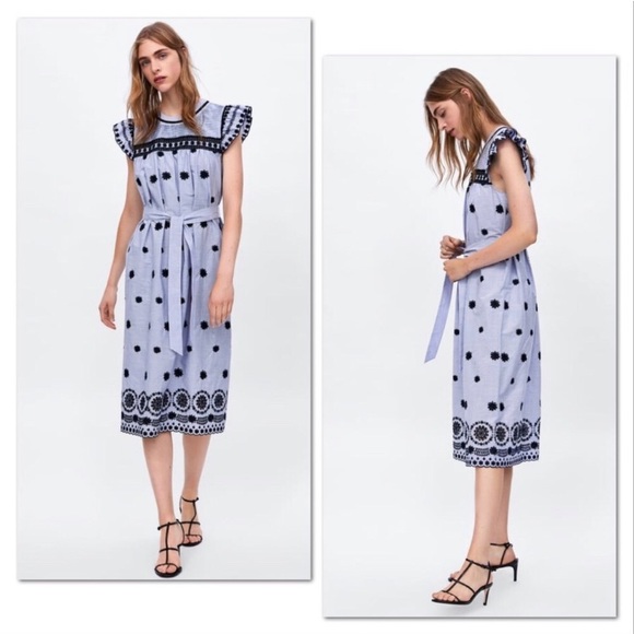 ZARA BLOGGERS FAV EMBROIDERED FLORAL MIDI STRIPED DRESS NEW WITH TAGS MEDIUM - Picture 1 of 14